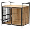 PawHut 30 Inch Dog Crate Furniture, Indoor Pet Kennel Side Table with Rotatable Bowls, 2 Anti-Escape Doors, for M Dogs, Oak
